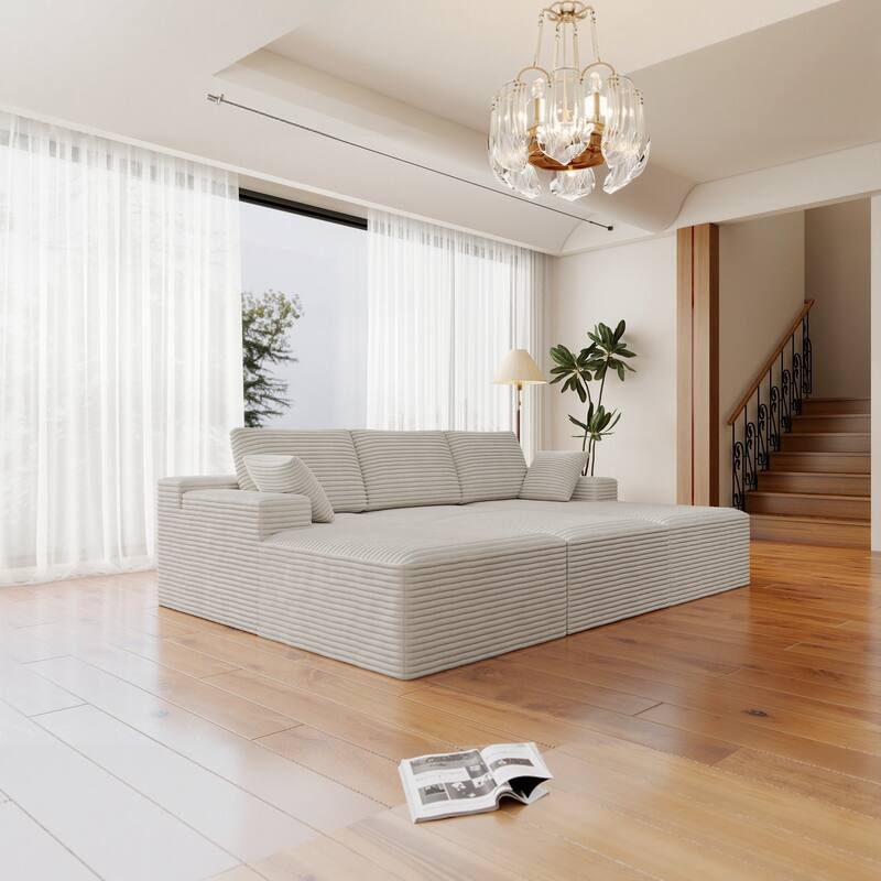 Roomfitters 98.4" Modular Sectional Sofa, 4-Piece Compressed Cloud Couch, No Assembly Required, Plush Corduroy, White