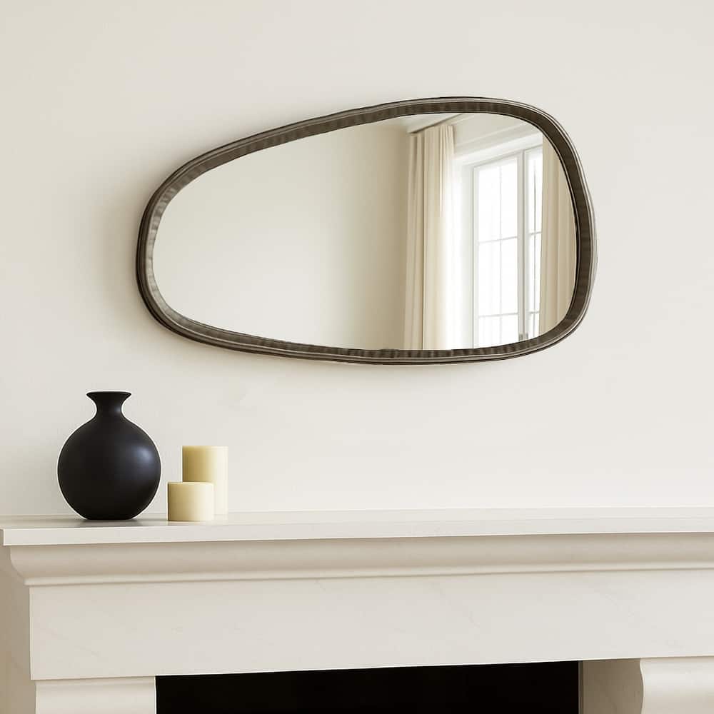 Metal Asymmetrical Mirror with Glass Wood Sculptural Modern Design
