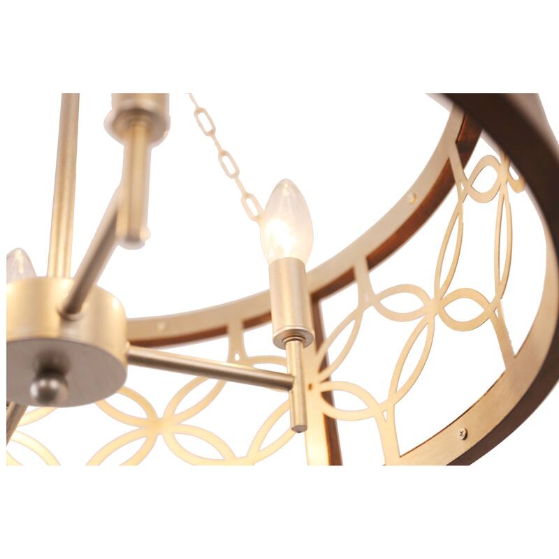 Bella Depot 4-Light Distressed Wood Wheel Chandelier Engraved Pattern Pendant Light with Adjustable Chain