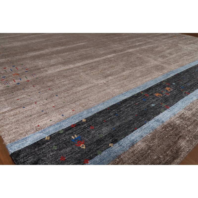 Hand Knotted Oriental Viscose Silk Carpet Tribal Stripe Greys & Charcoal Gabbeh Area Rug - 9' 7'' X 8' 5''