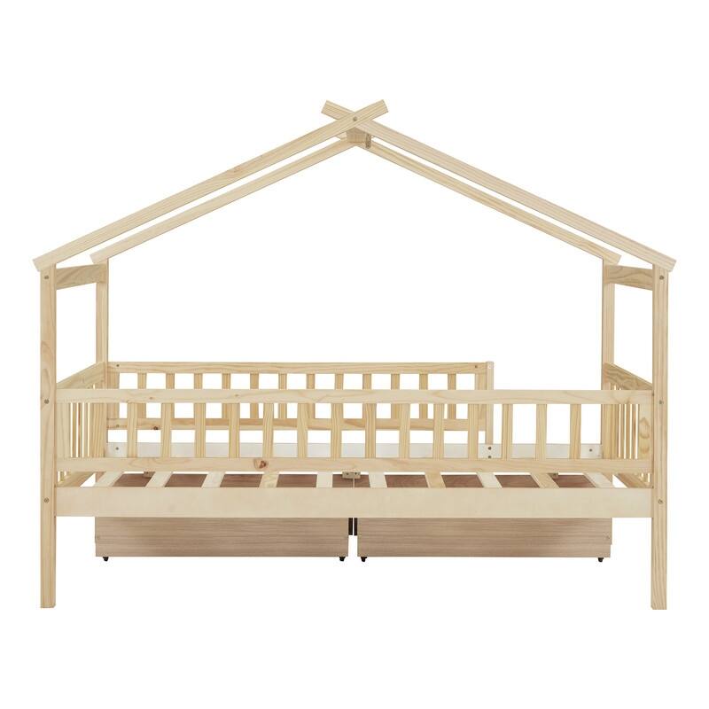 Twin House Bed with 2 Storage Drawers,Rails and Roof for Kids