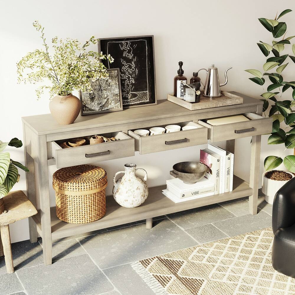 59.1" Farmhouse Entryway Table with 3 Drawers, Painted Console Table with Bottom Shelf & Iron Handles, Minimalist Sofa Table