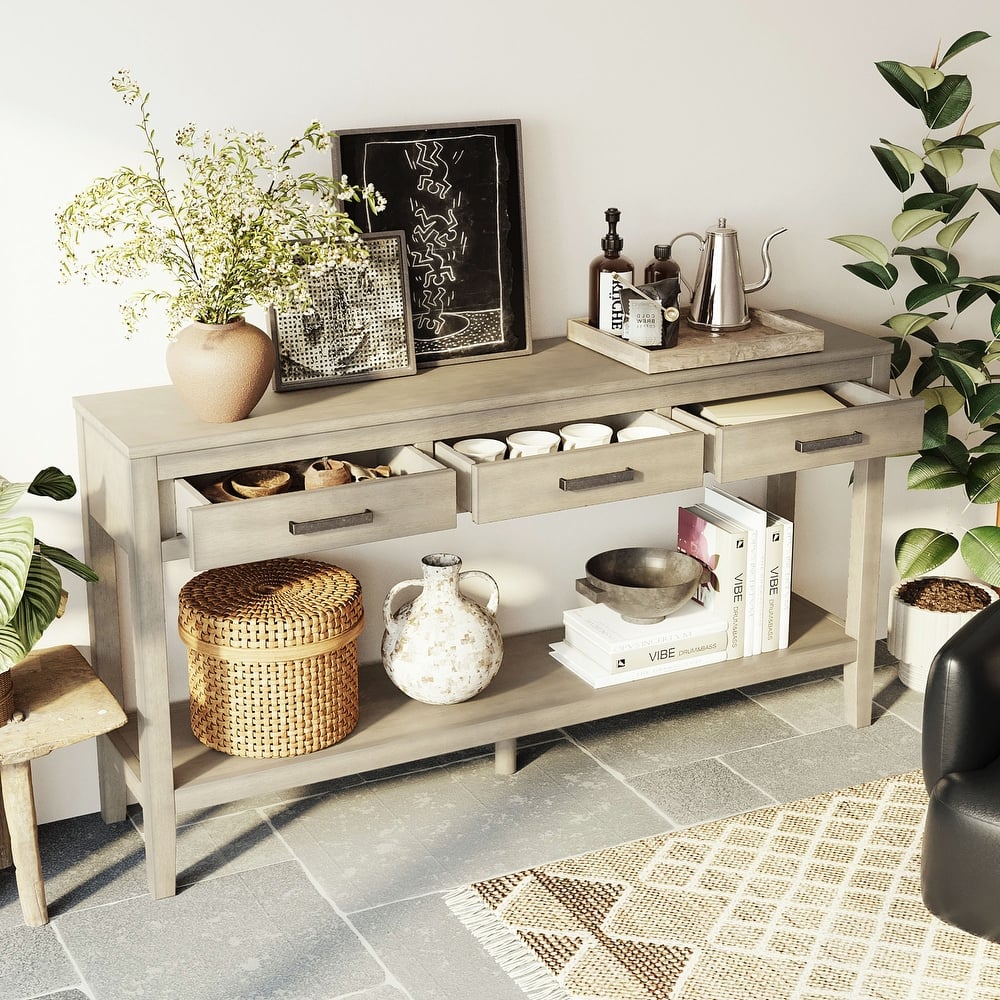 59.1'' Farmhouse Entryway Console Table - 3 Drawers with Iron Handles & Bottom Shelf for Living Room, Hallway, Kitchen