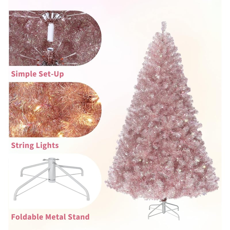 Prelit 4.5Ft Rose Gold Tinsel Fake Christmas Tree with 150 Warm White LED Lights, Metal Stand