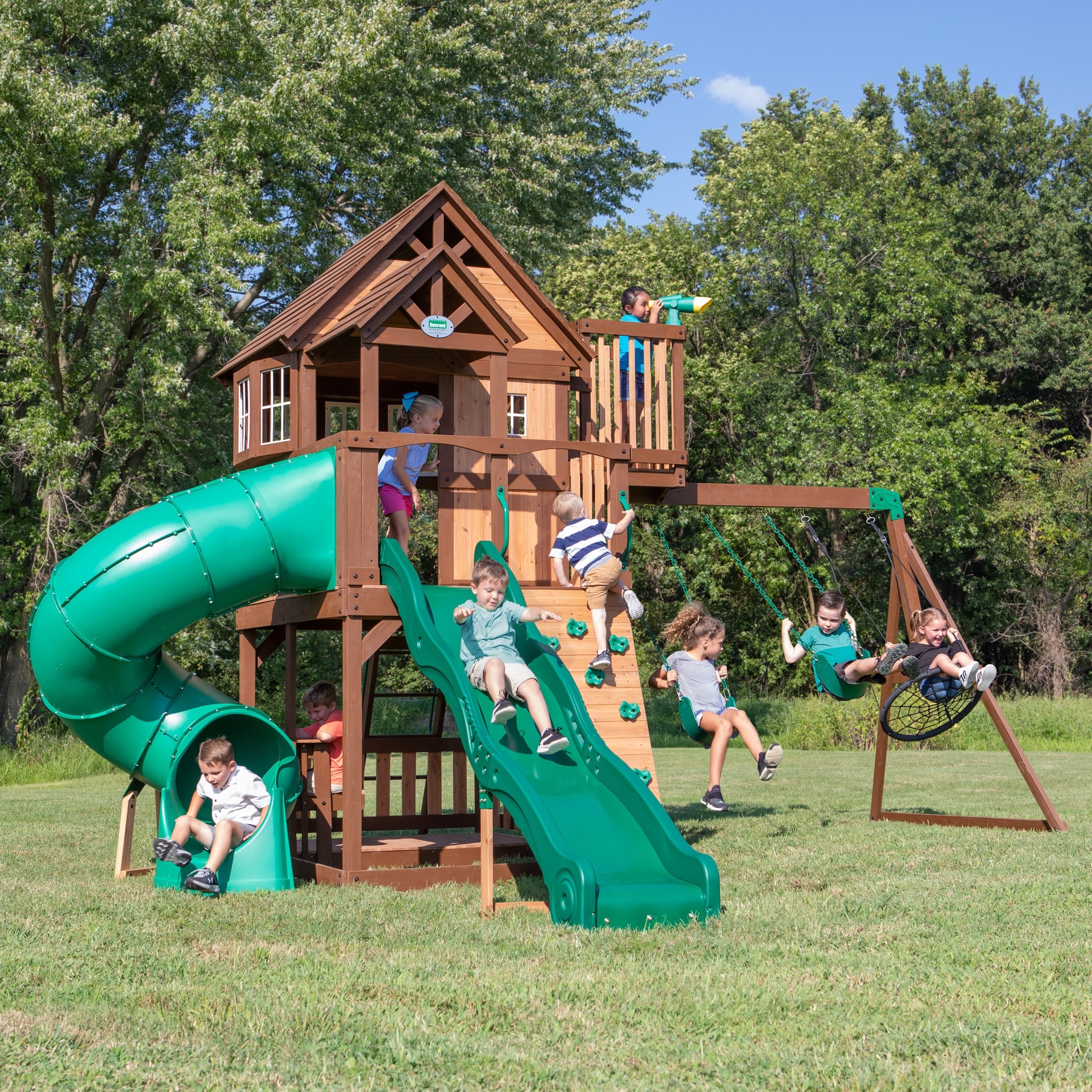 Backyard Discovery Skyfort II Cedar Wood Swing Set, Spiral Tube Slide - 19'5" x 16'9"