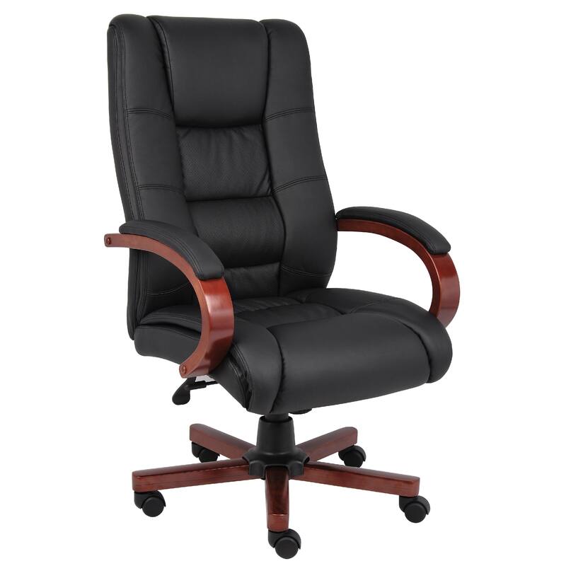 Zoey High-Back Executive Chair, Black Vinyl, Cherry Brown Wood Finish