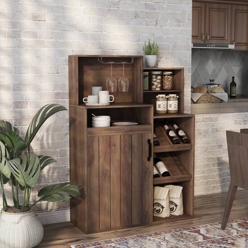 Furniture of America Gern 39-in. Rustic Walnut 7-shelf Buffet w/ Wine Rack