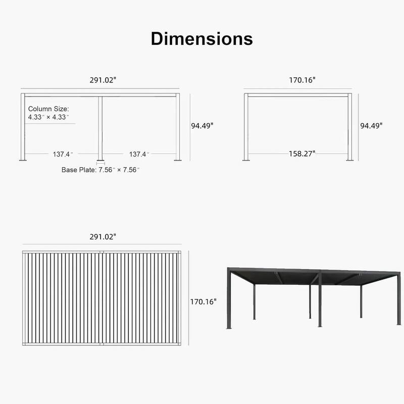 PURPLE LEAF Gray Louvered Pergola Outdoor Aluminum Pergola with Adjustable Roof for Patio Grey Hardtop Gazebo