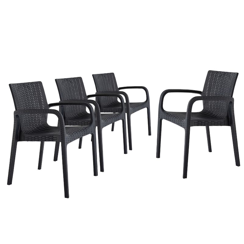 HomeRoots Set of Two Black Faux Rattan Heavy Duty Plastic Outdoor Stacking Arm Chairs