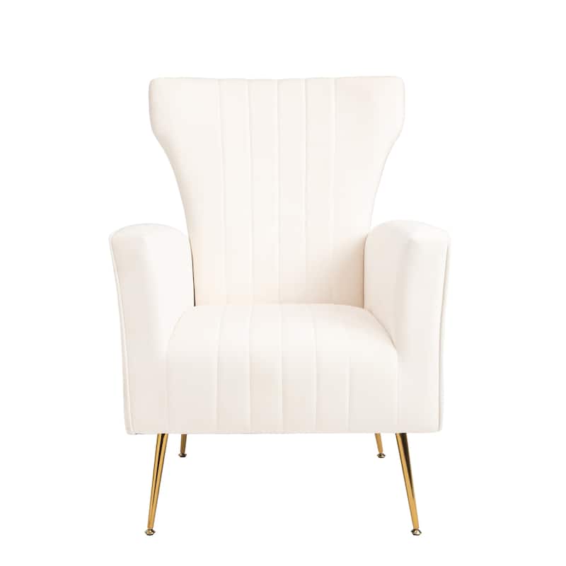 White Modern 29.9" Upholstered Wingback Arm Chair with Gold Legs for Living Room