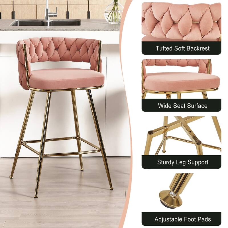 Javlergo Set of 2/4/6 Counter Height Bar Stools 26.77" Upholstered Woven Back Bar Chairs with Armrests and Footrest