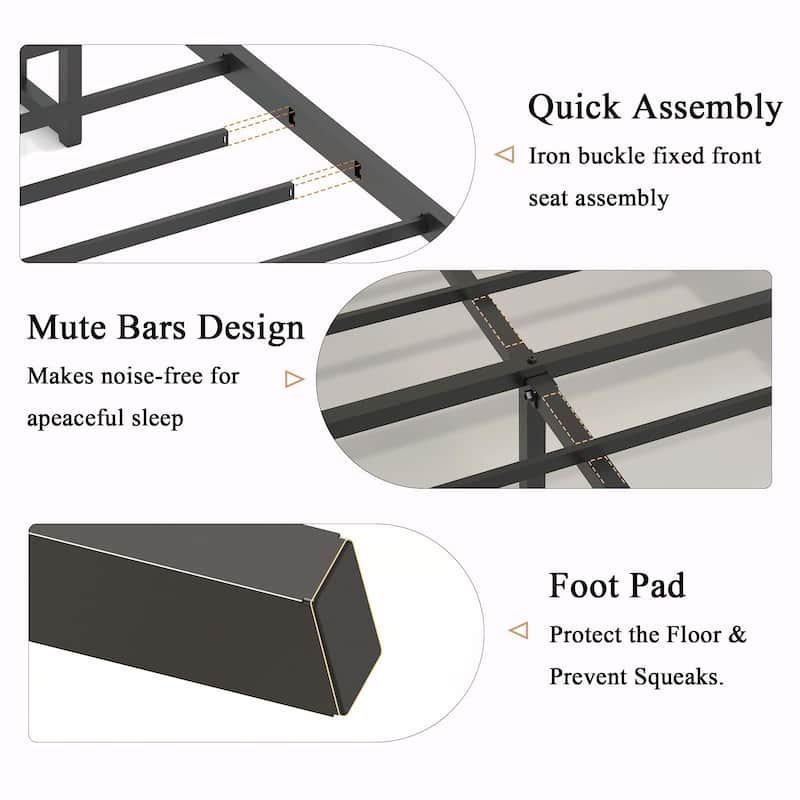 Wooden Platform Bed Frame with Soft Packaging, Bedside with 2 USB Ports, Noise-Free