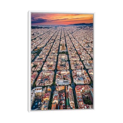 iCanvas "Spain Barcelona Cityscape Cityscape Grid From Above Sunset" by Alex G Perez Framed Canvas Print