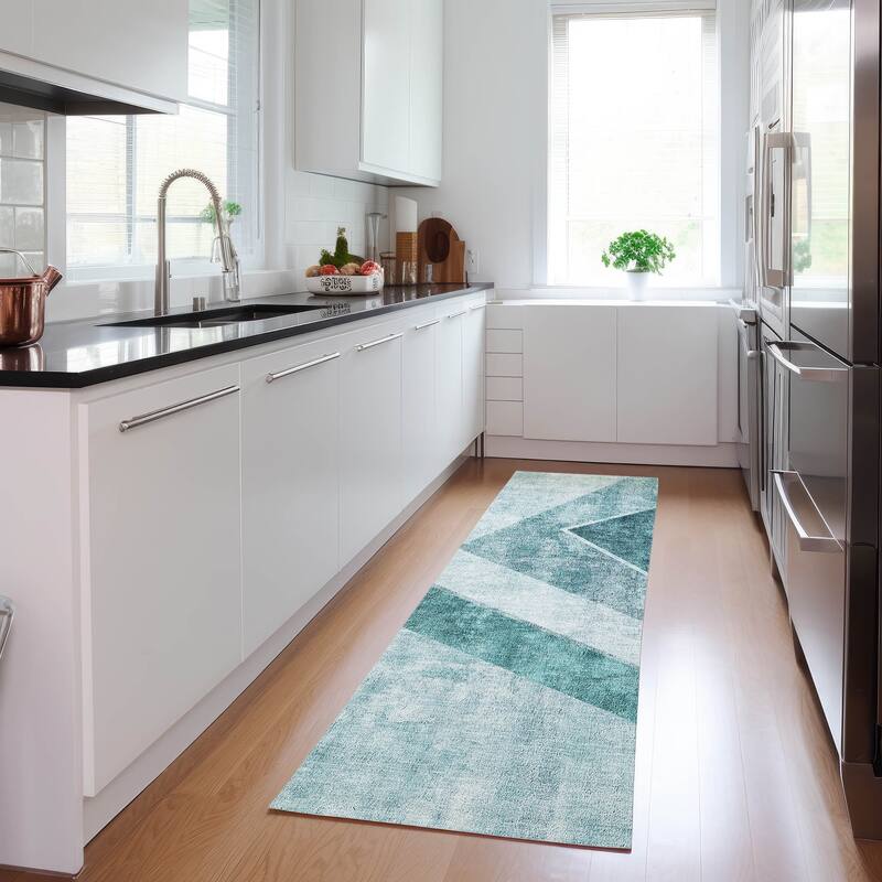 Machine Washable Indoor/ Outdoor Chantille Modern Geometric Rug - Teal - 2'3" x 7'6"