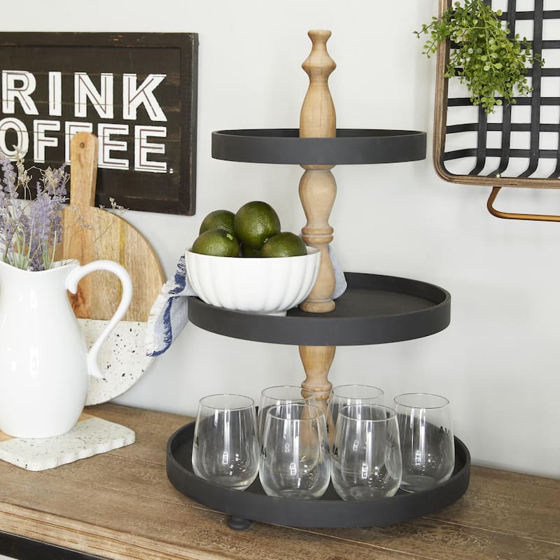 Wood 3 Level Tiered Server with Wood Post - Black or White - Roche River Decor
