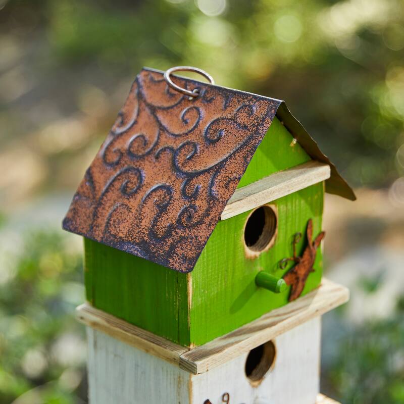 Glitzhome 13.75"H Multicolored 3-Tiered Distressed Solid Wood Birdhouse - 13.75"