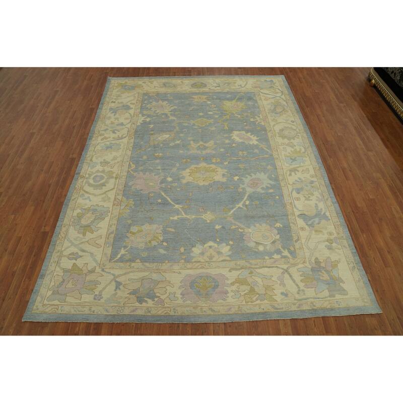 Vegetable Dye Blue Oushak Turkish Area Rug, Floral Geometric Carpet - 11' 10'' X 9' 0''