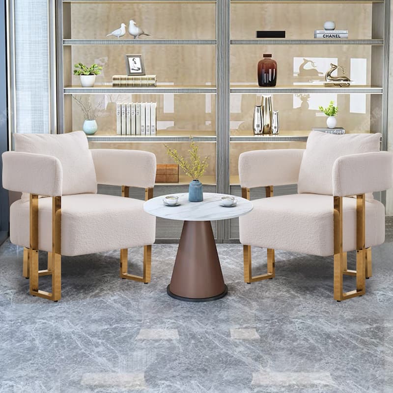 Modern 24.41" Upholstered Accent Chair with Gold Metal Legs for Dressing Area (Set of 2) - White+Gold