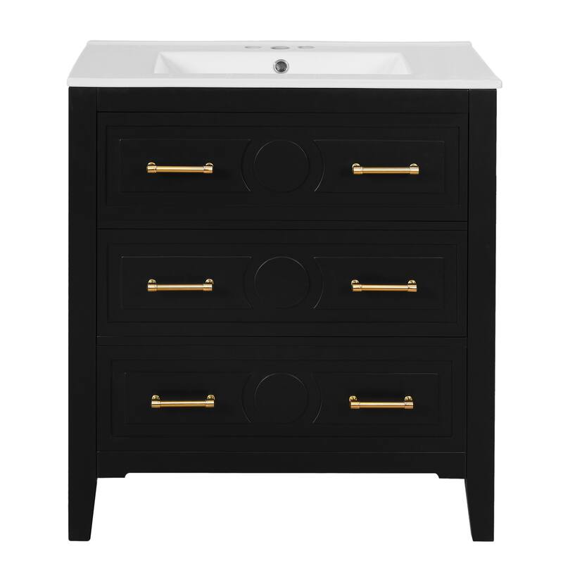 30'' Freestanding Bathroom Vanity Set‌ - Solid Wood Frame with Ceramic Sink & 3 Storage Drawers .