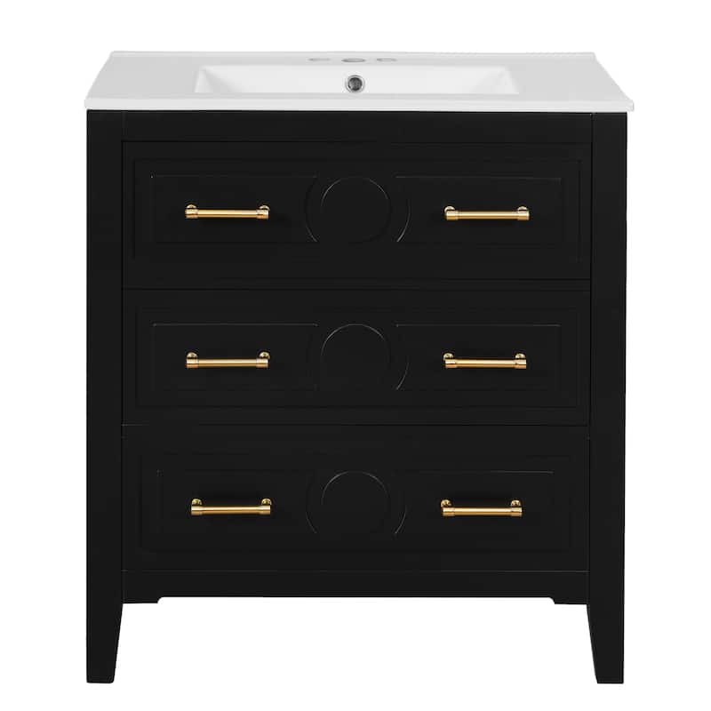 Roomfitters 30 Inch Bathroom Vanity with Ceramic Sink Combo, Freestanding Solid Wood Frame Storage Cabinet with 3 Drawers
