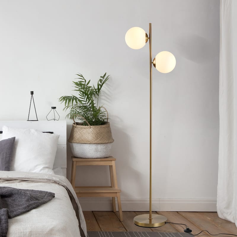 HOMCOM Modern Floor Lamp with 2 Globe Lamp Shade Contemporary Decorative LED Standing Light - Gold