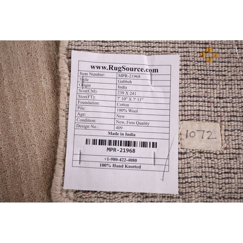Gabbeh Oriental Square Area Rug Hand-Knotted Wool Carpet - 7'11" x 7'10"