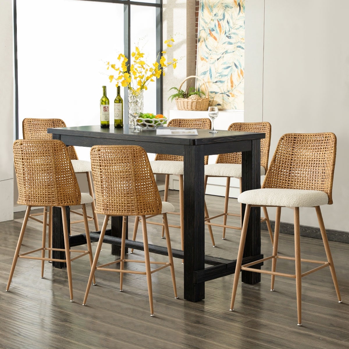 27" Upholstered Boucle Rattan Back Counter Stool