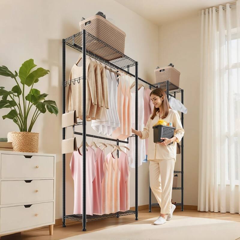 Black Adjustable Garment Rack with 6 Storage Shelves and Telescopic Rods for Clothing and Bags - 96.06” x 14.96” x 71”