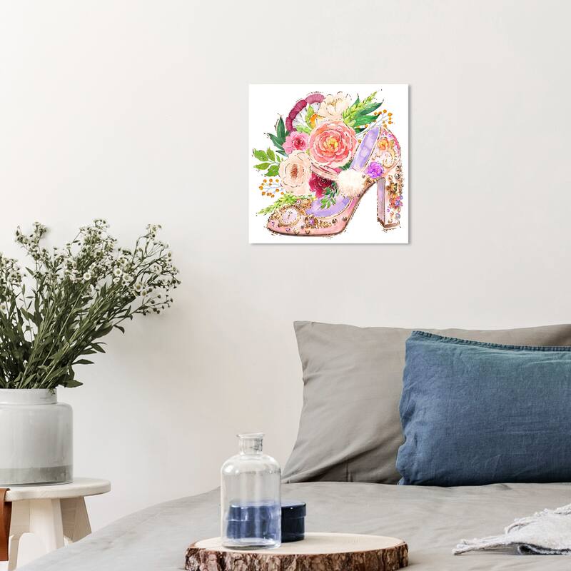 Wynwood Studio Canvas Fashion and Glam Adorned Shoe II Pink and Modern & Contemporary Wall Art Canvas Print - 12 x 12
