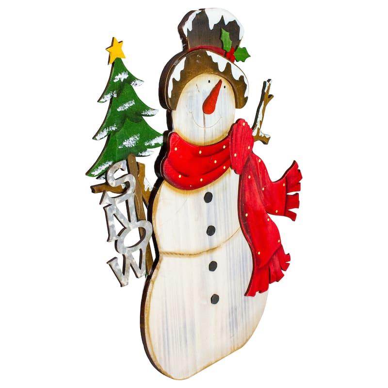 Snowman with "Snow" and Pine Tree Sign Wooden Christmas Decoration - 18"