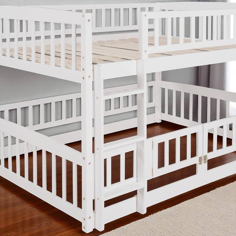 Twin Over Twin / Full Over Full Bunk Bed with Slide and Fence, Low Wood Frame with Ladder for Kids and Teens