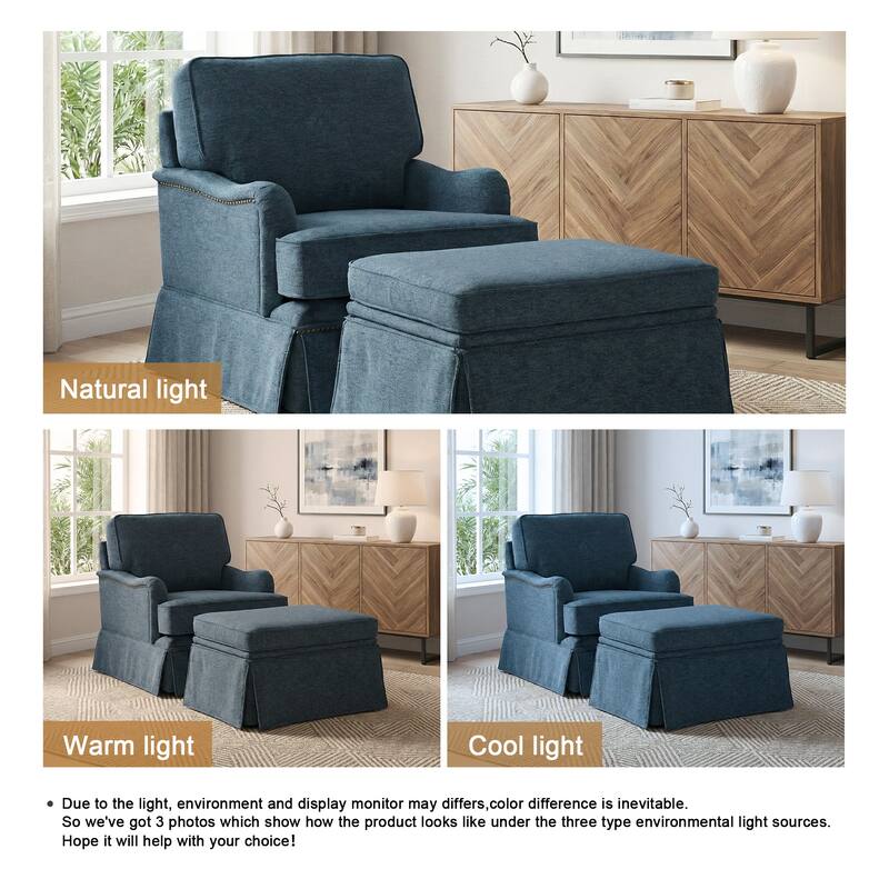 Chenille Swivel Accent Chair Storage Ottoman Set with Nailhead Trim Skirt