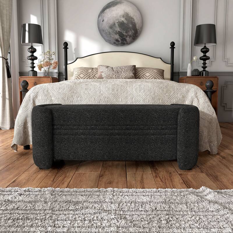 DH BASIC Pressice Contemporary Boucle Storage Bench for Bedroom Entryway by Denhour - Obsidian Grey