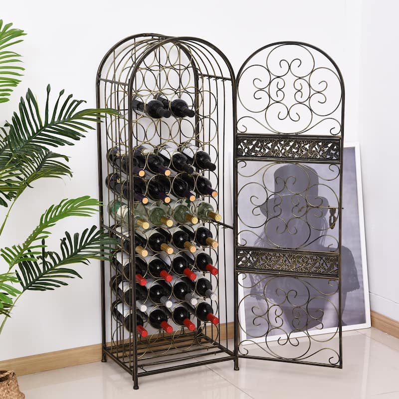 HOMCOM 45 Bottle Wrought Iron Wine Rack Jail with Lock - Antique Bronze - 17.5*14.25*52