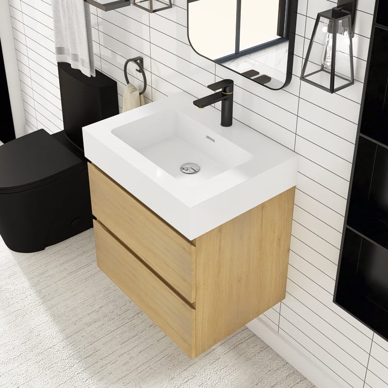 24/30/36 inch Wall-Mounted Bathroom Vanity Set in Oak with Integrated Resin Sink