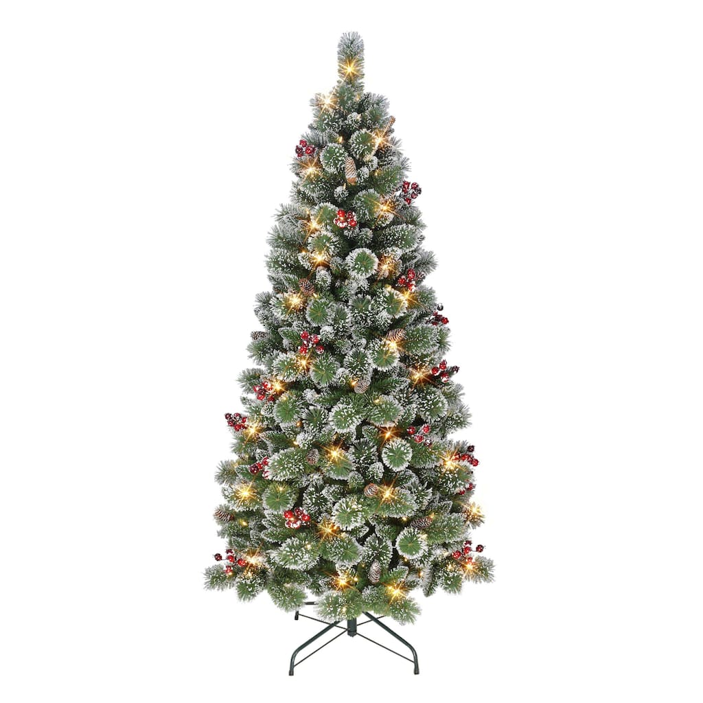 Puleo International 6.5 ft. Pre-lit Snowy Valley Pine Artificial Christmas Tree