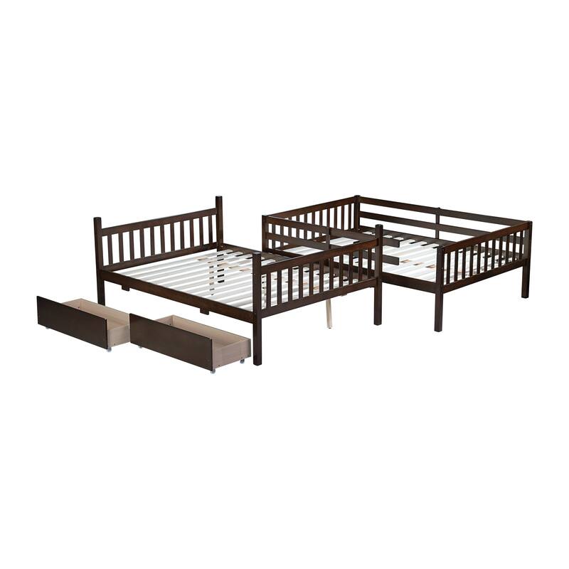 Full Over full Rubber Wood Bunk Bed with 2 Drawers, into 2 full Beds, full Size Bunk Bed with Ladder and Safety Guardrails