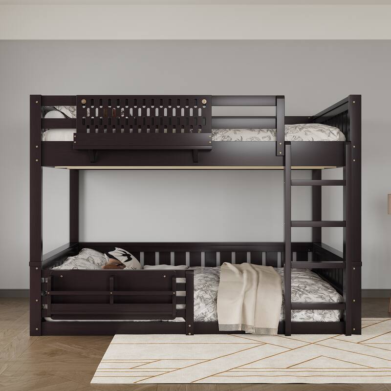 Roomfitters Queen over Queen Bunk Bed with Bookshelf and Pegboard, Solid Wood Split Frame