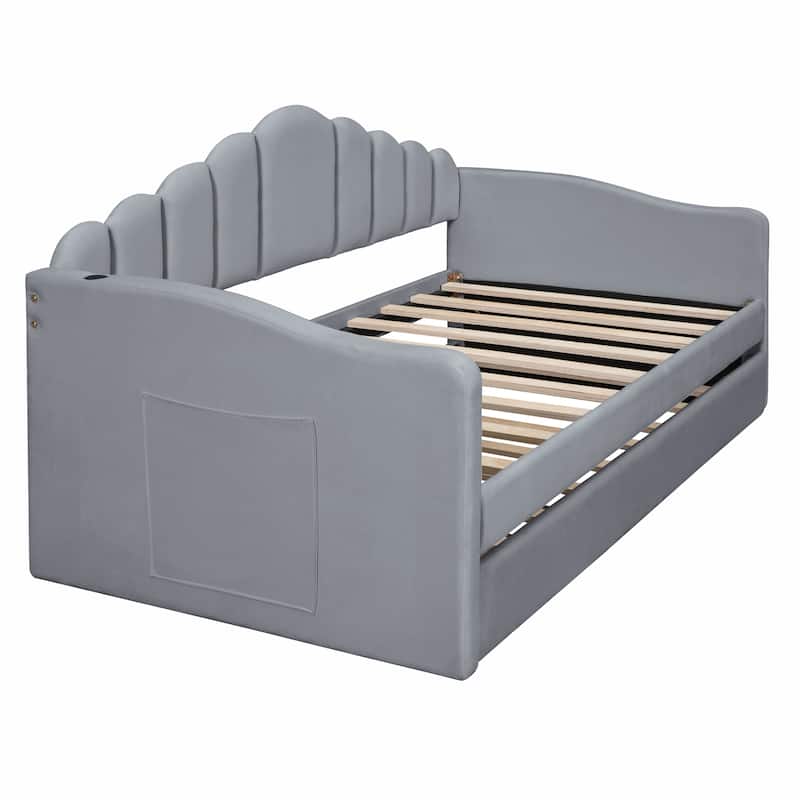 Modern Twin Velvet Daybed with Trundle, USB Ports, and Storage Pockets