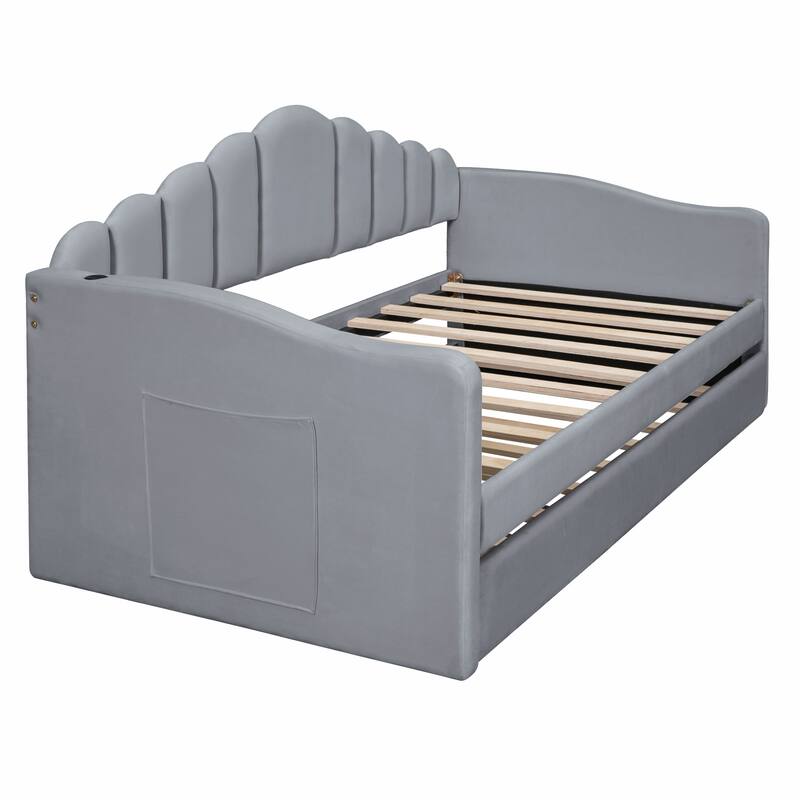 Twin size Upholstered Daybed with Trundle ,Velvet Sofabed with USB Charging Ports,No Box-spring Needed