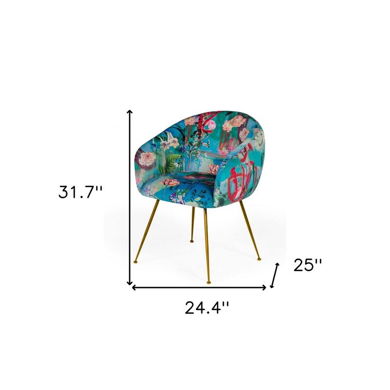 Blue Green And Gold Floral Velvet Dining Arm Chair