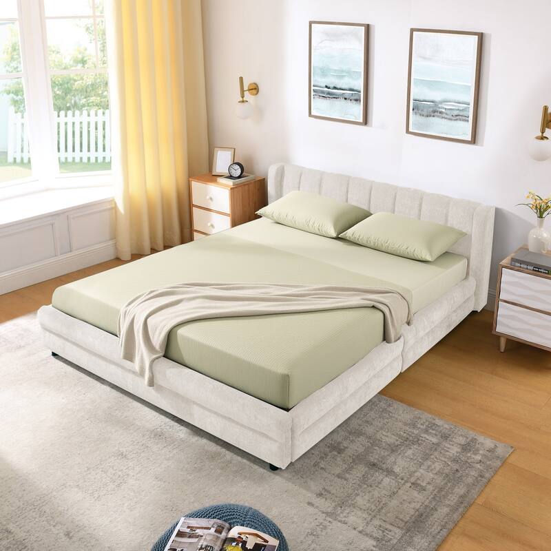 Rossetta Queen Size Upholstered Thick Fabric Bed Frame with Headboard and Storage Drawer - Beige