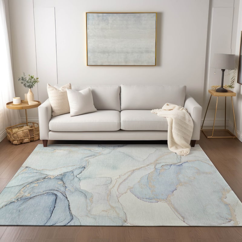 Machine Washable Indoor/ Outdoor Abstract Chantille Rug - 10' x 14' - Sky