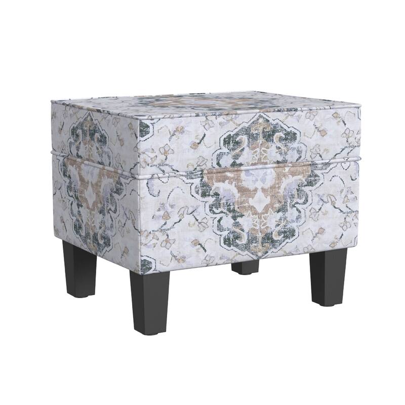 Ishi Accent Storage Ottoman, 22 Inch White Blue Print, Black Wood Legs