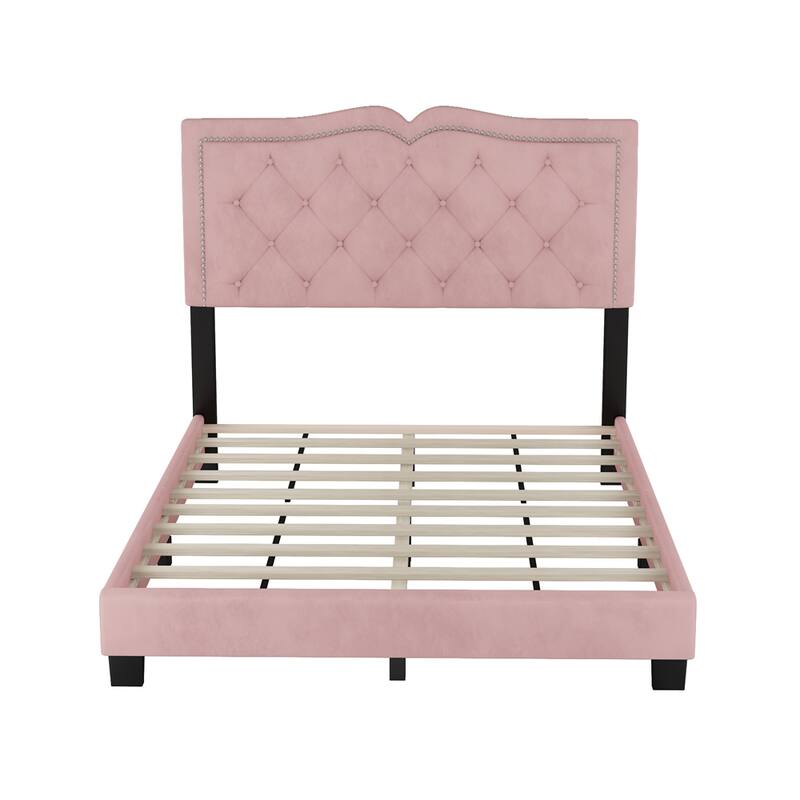 Full Size Upholstered Bed Frame with Rivet Design,Tufted Headboard