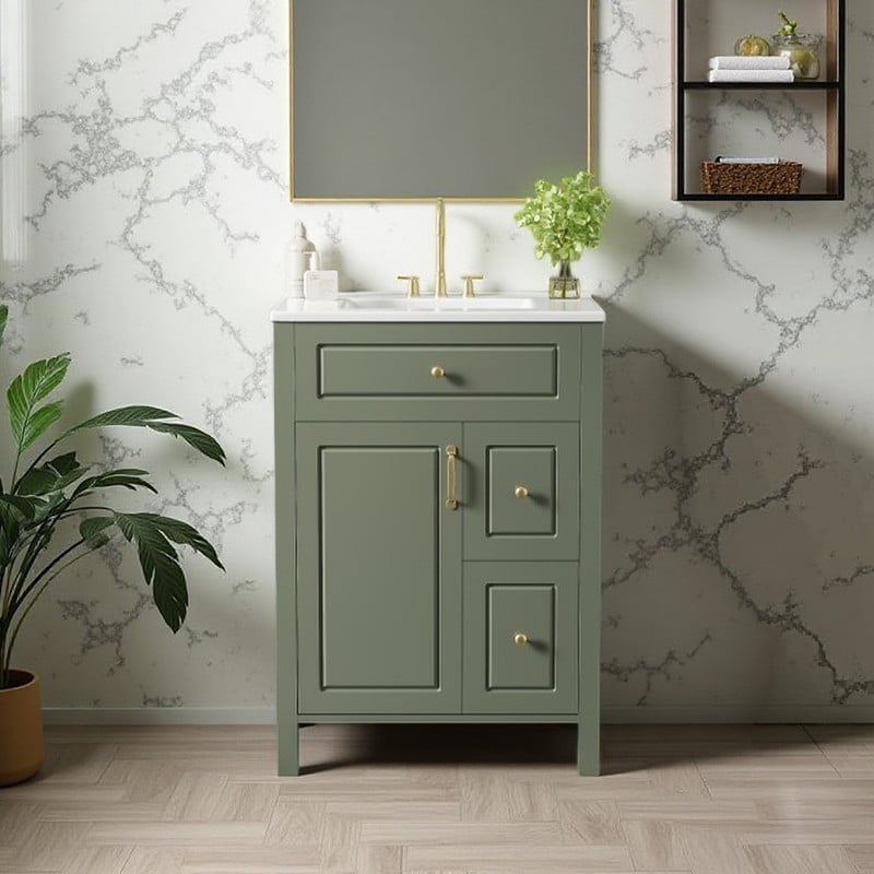 24 Inch Freestanding Bathroom Vanity with White Ceramic Sink, Green Wood and MDF Cabinet, 2 Soft-Close Drawers