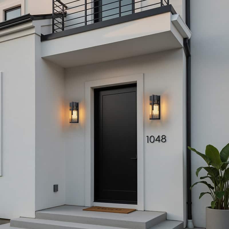 C Cattleya 2-Pack Modern Matte Black Outdoor Wall Lanterns with Clear Tempered Glass