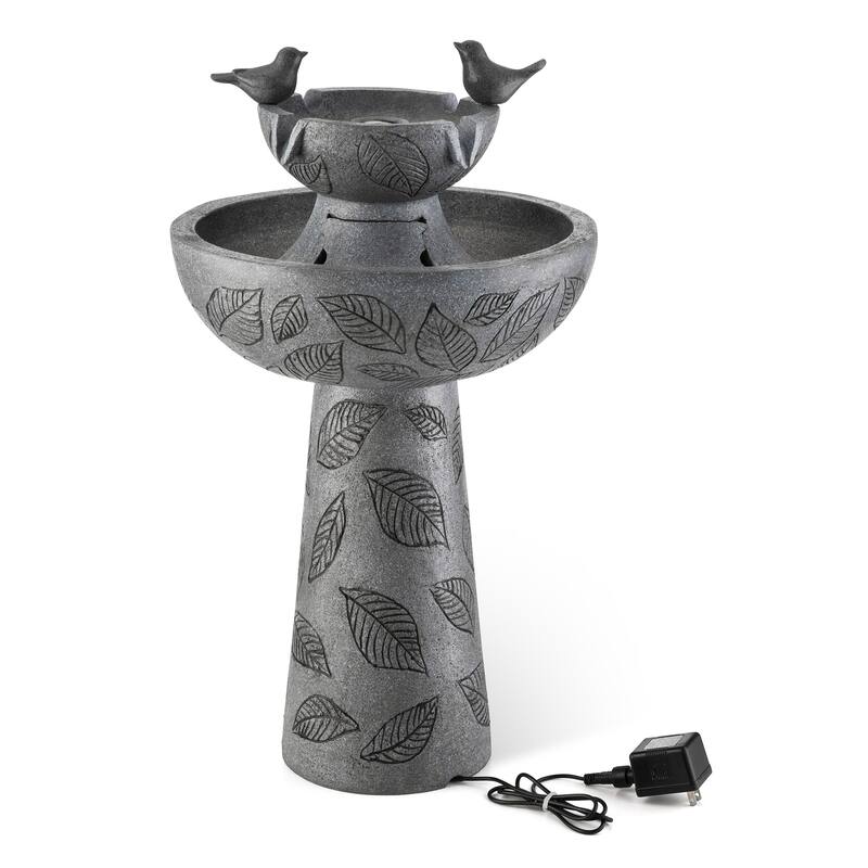 Glitzhome Birdbath Polyresin Outdoor Fountain with Birds, Pump and LED Light