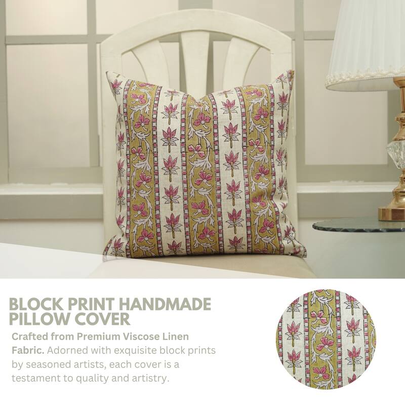 Fabdivine Viscose Linen Floral Block Print 12x20 Inches Pillow Cover for Eco Style Fall Home Decor Pink Cushioncase, Laxmi