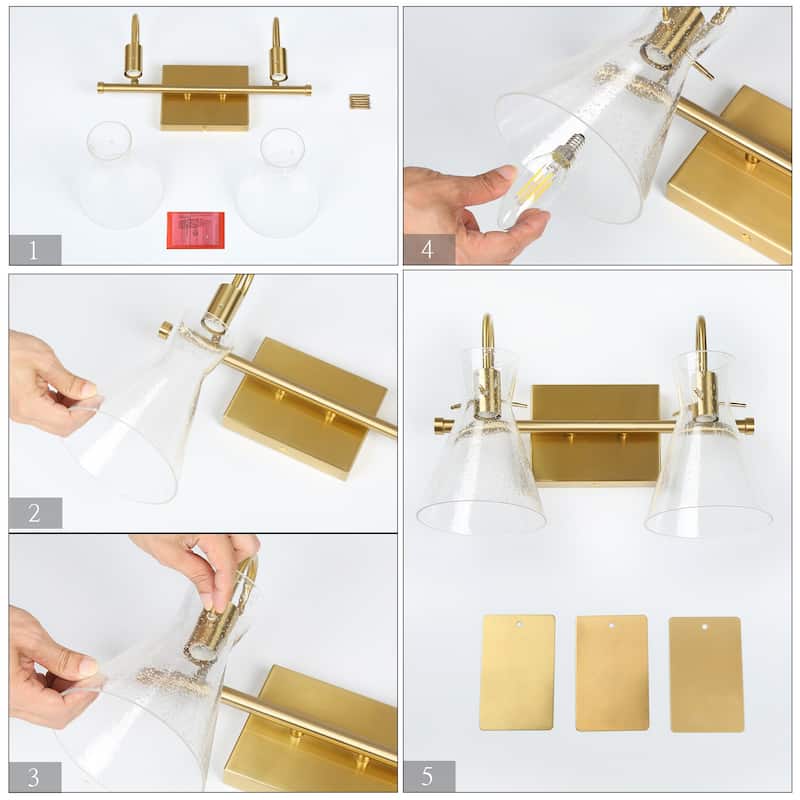 Liniya Modern 2-light Bathroom Vanity Light Brass Gold Wall Sconces Horn Seeded Glass Dimmable